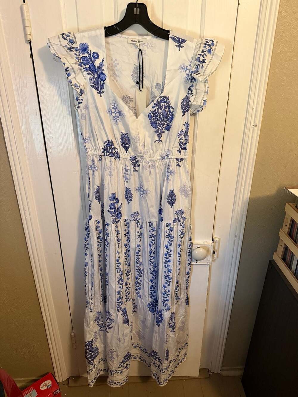 Celina Moon White And Blue Floral Tiered Maxi Dress Large